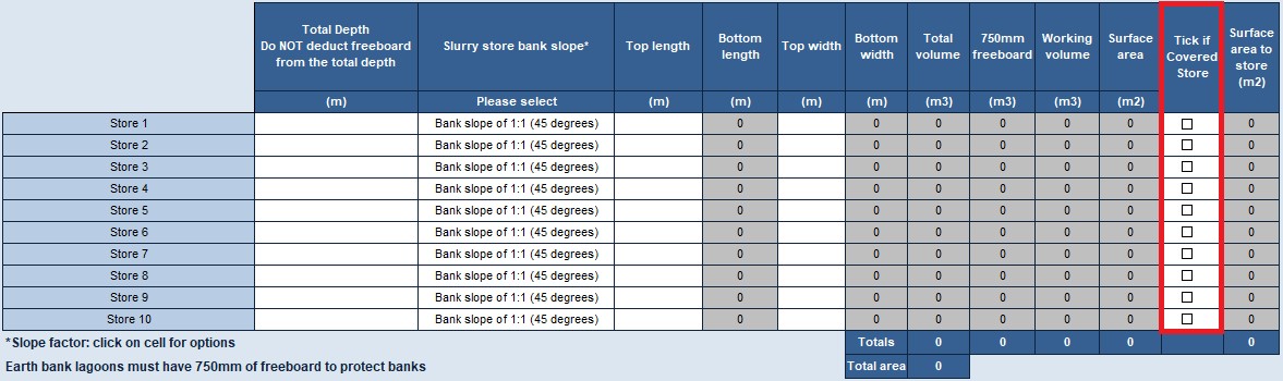 Slurry wizard excel table for earth bank stores with 'tick if covered store' highlighted
